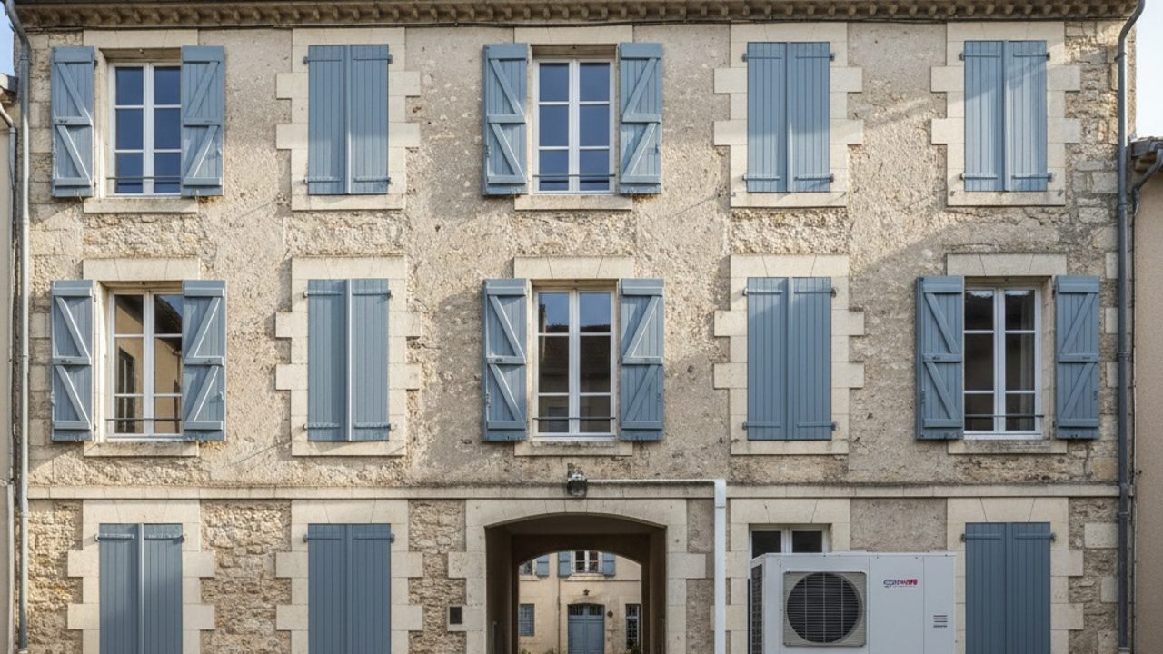 Petit immeuble avec une pompe à chaleur collective installée dans la cour